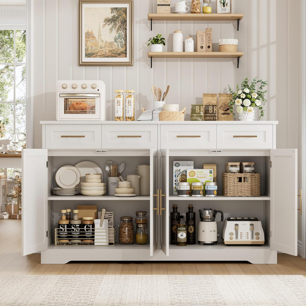 HOSTACK 60" W Sideboard Buffet Cabinet with Storage, Kitchen Cabinet, White