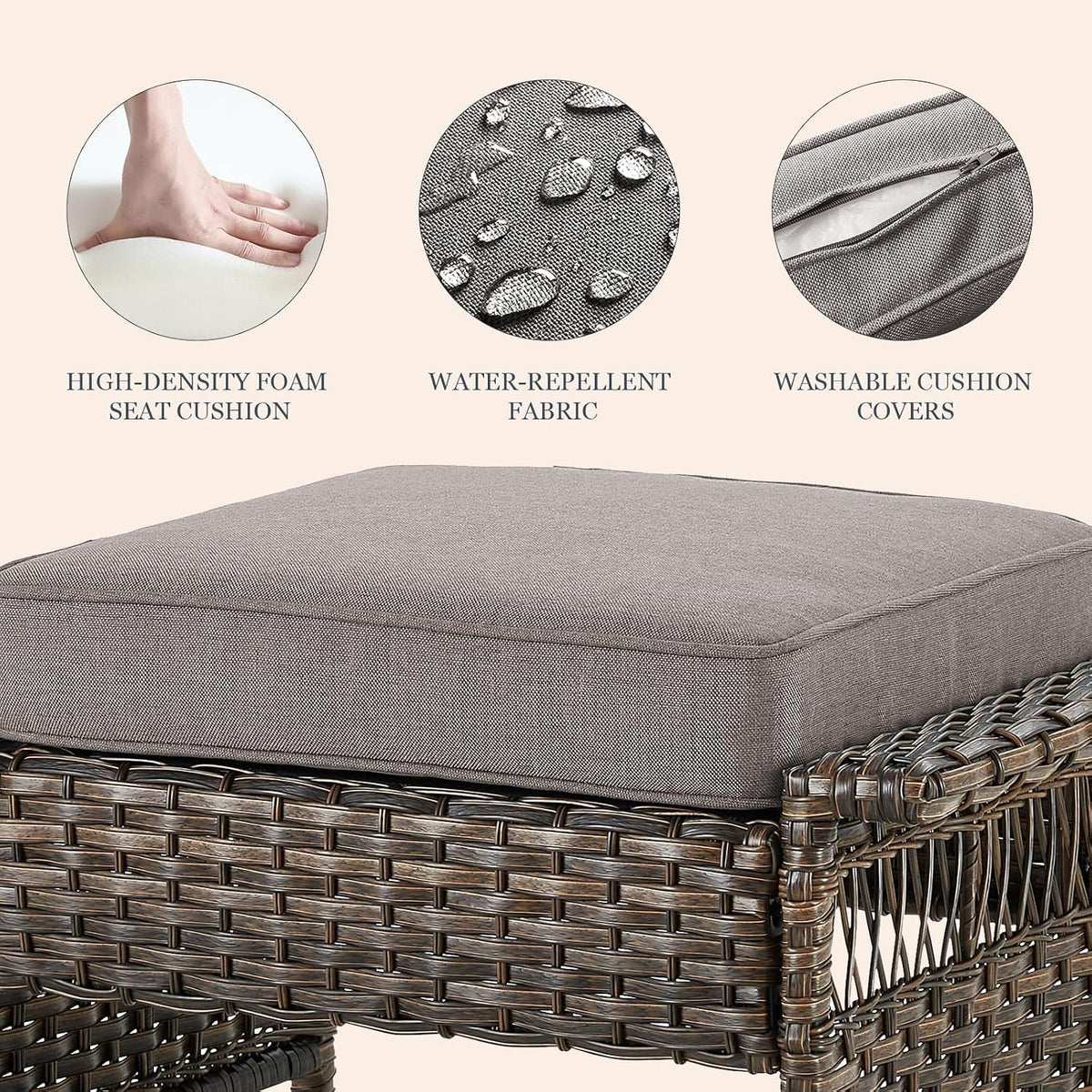 Patio Ottomans 2 Piece Outdoor Wicker Ottomans PE Rattan Footrest with Thickened Cushions Footstools for Garden Sunroom Deck Porch Balcony Poolside, Ottomans(2PCS), Brown|Grey