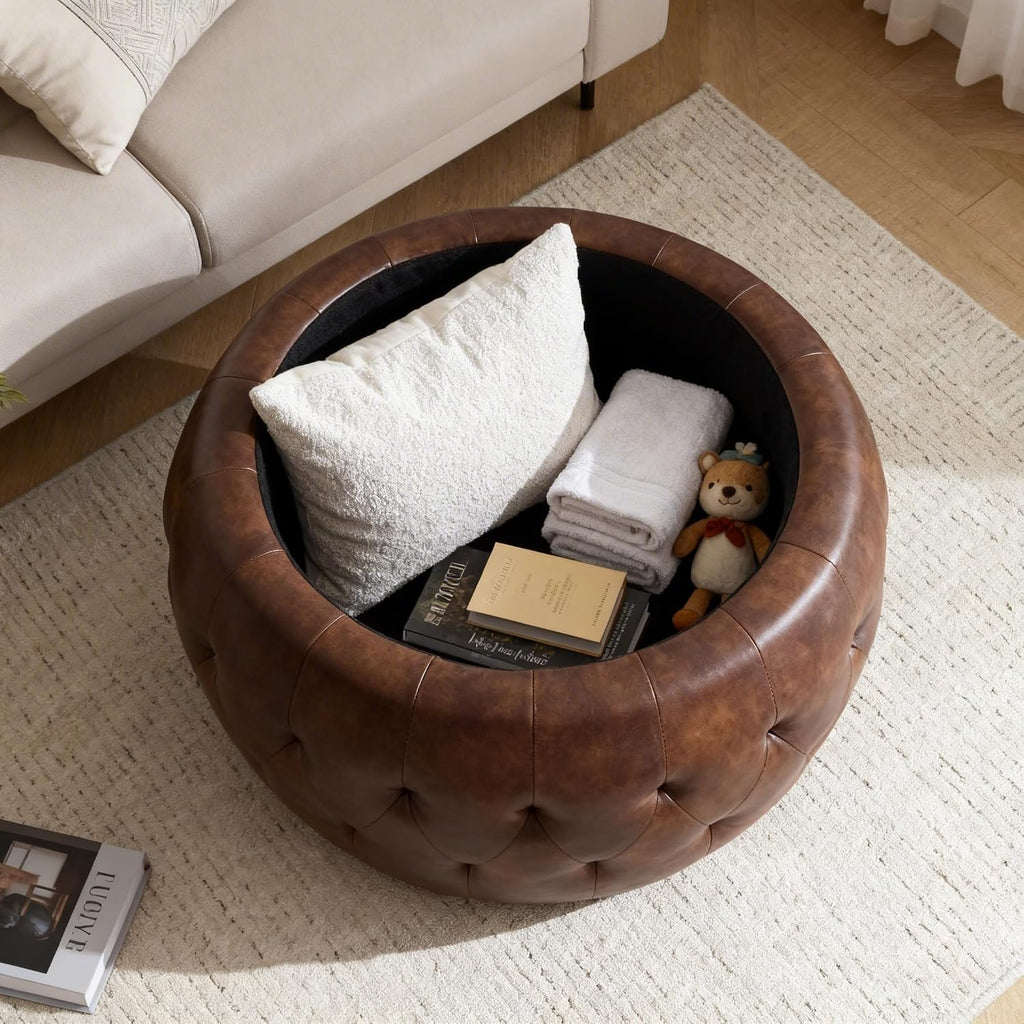 YDcosyfy 25 Inches Large Round Storage Ottoman, Modern Upholstered Ottoman Coffee Table, Wooden Top, Faxu Leather Surface, for Living Room, Bedroom, Classic Tufting, Brown