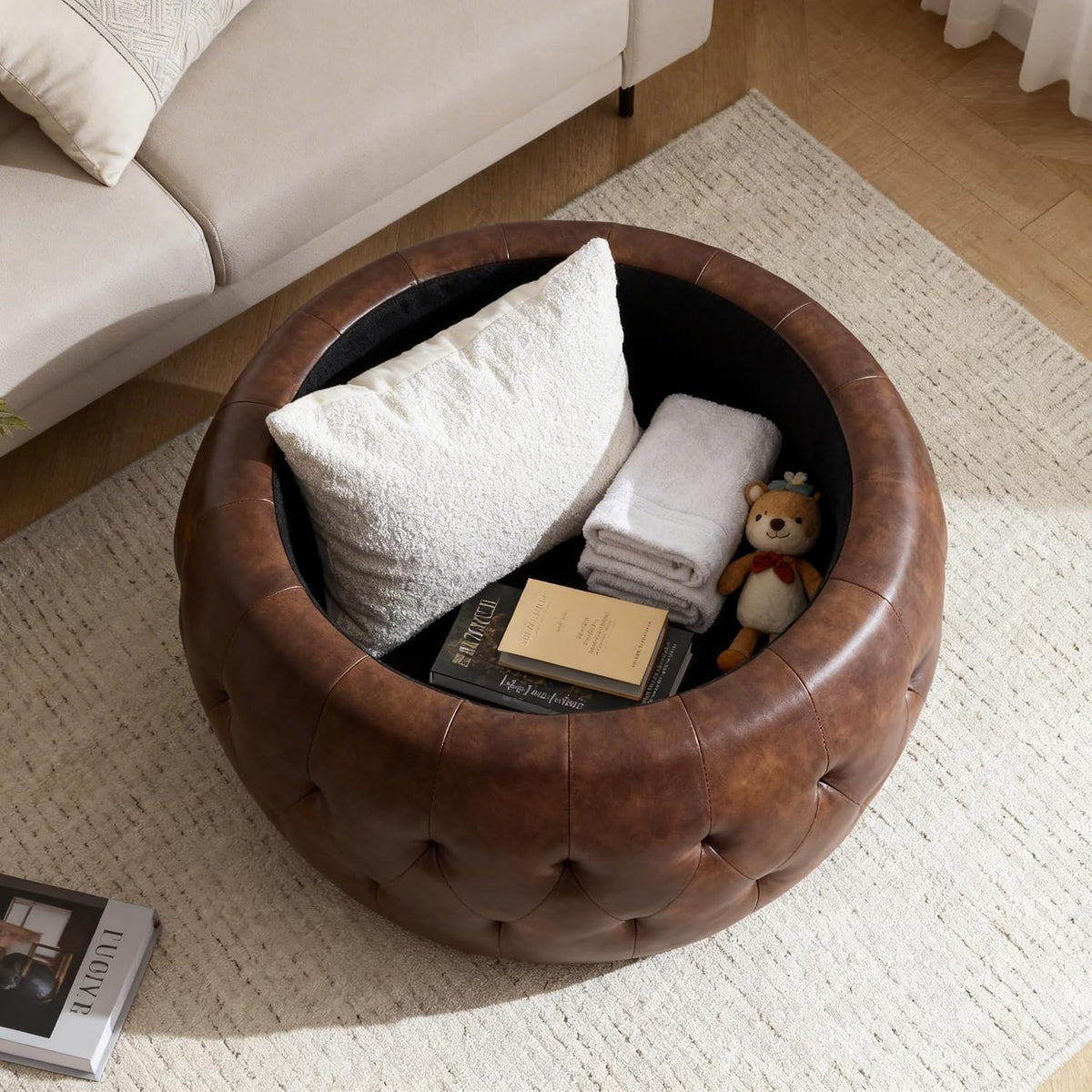 YDcosyfy 25 Inches Large Round Storage Ottoman, Modern Upholstered Ottoman Coffee Table, Wooden Top, Faxu Leather Surface, for Living Room, Bedroom, Classic Tufting, Brown