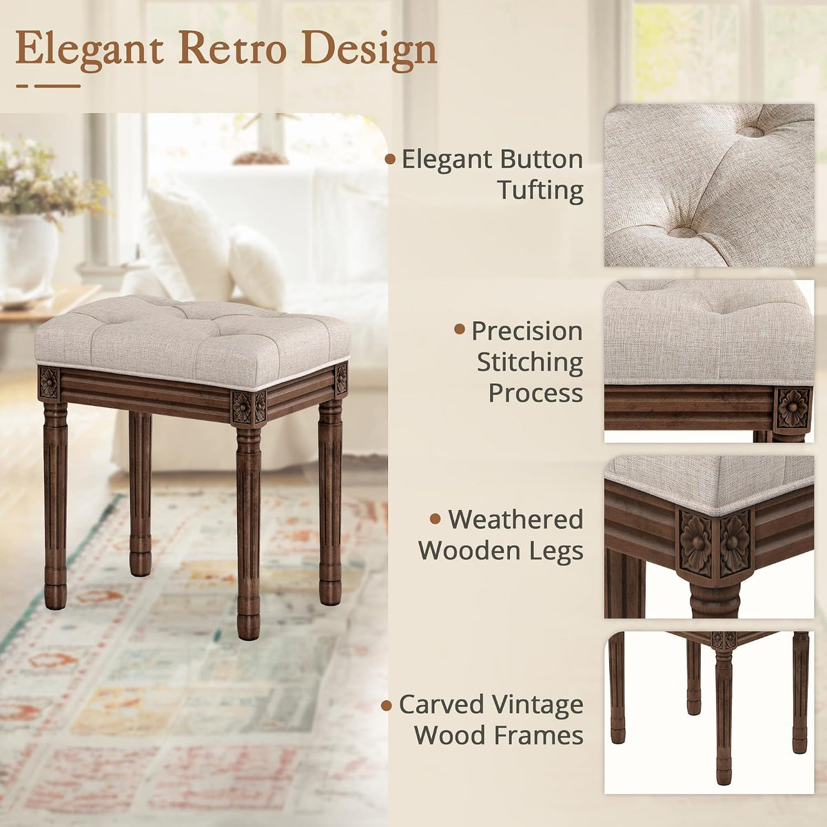 LUE BONA Upholstered Fabric Vanity Bench Seat, Makeup Stools for Vanity, Square Tufted Ottoman Bench with Carved Dark Brown Legs for Bedroom Living Room, Linen Color