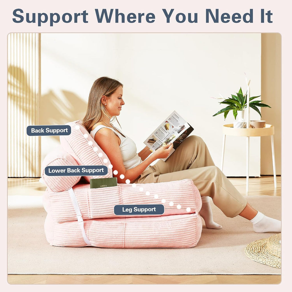 Folding Sofa Bed, Flannel Futon Couch Bed with Pillow and Blanket, Convertible Sleeper Chair for Living Room Bedroom, Pink