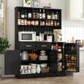 Tall Pantry Cabinet, Modern Kitchen Hutch with Microwave Stand, Kitchen Pantry Storage Cabinet with 2 Darwers & Door Shelf, Food Pantry with Goblet Holders & Adjustable Shelves for Dining Room, Black