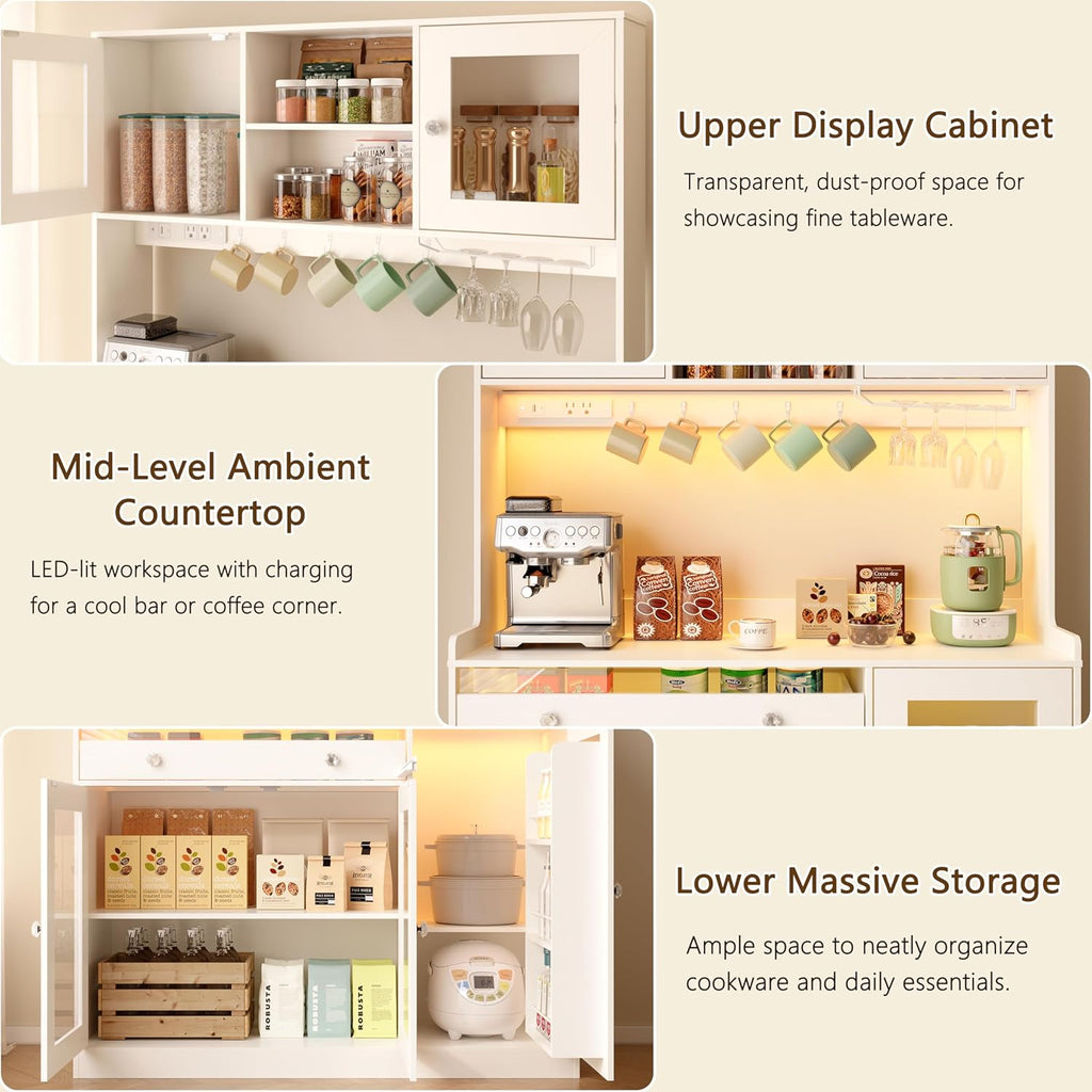 Korfile 71" Pantry Cabinet, Tall Kitchen Pantry Cabinet with Charging Station & LED Light, Kitchen Hutch with Wine Rack, Pantry Storage Cabinets with Microwave Stand for Dining Room, White