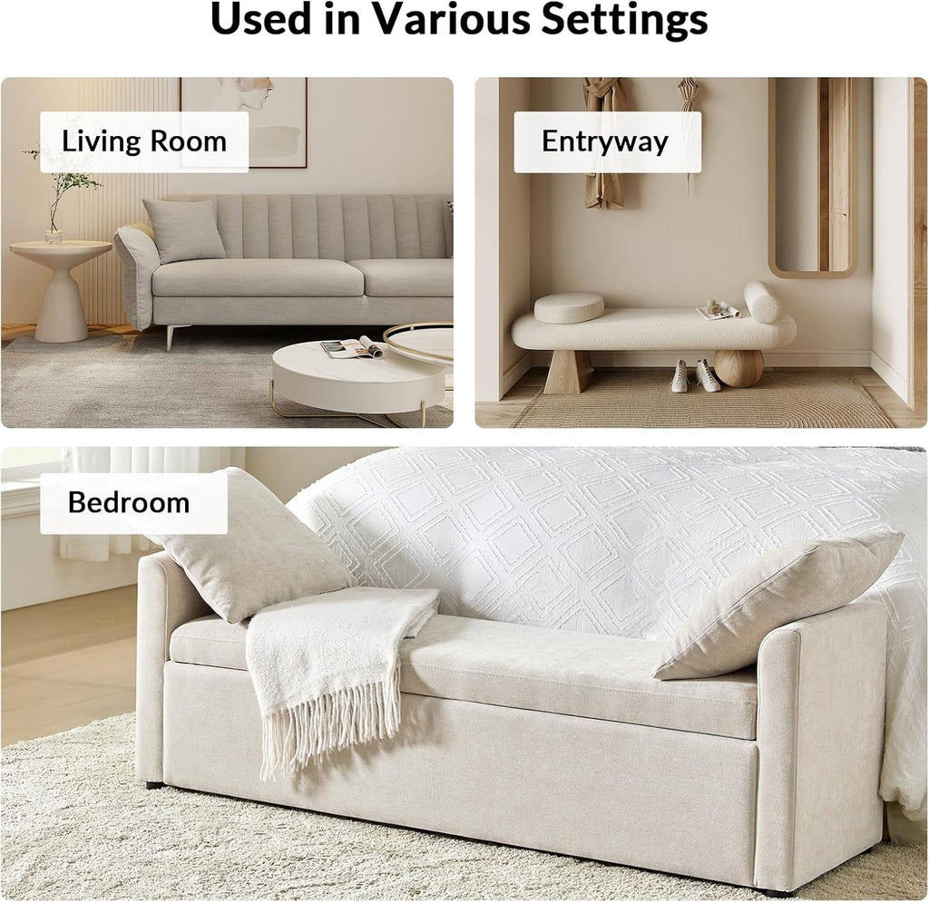 59.5" Modern Storage Ottoman Bedroom Bench, End of Bed Bench with Throw Pillows and Arms, Footrest Stool for Living Room, Dining Room, Entryway and Hallway, Linen