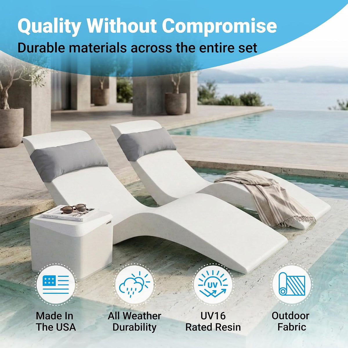 Aqua Outdoors Pool Lounge Chairs, 2 Chaises, Table, 9-in Water Depth | Pool Chairs For In Pool, Pool Chaise Lounge Chairs, 2 Headrest Pillows, Sun Shelf, Pool Lounger