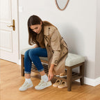 YaFiti End of Bed Storage Bench, 42.9" Entryway Shoe Bench with Solid Wood Shelf, Upholstered Ottoman with Padded Seat for Bedroom, Hallway and Living Room, Beige