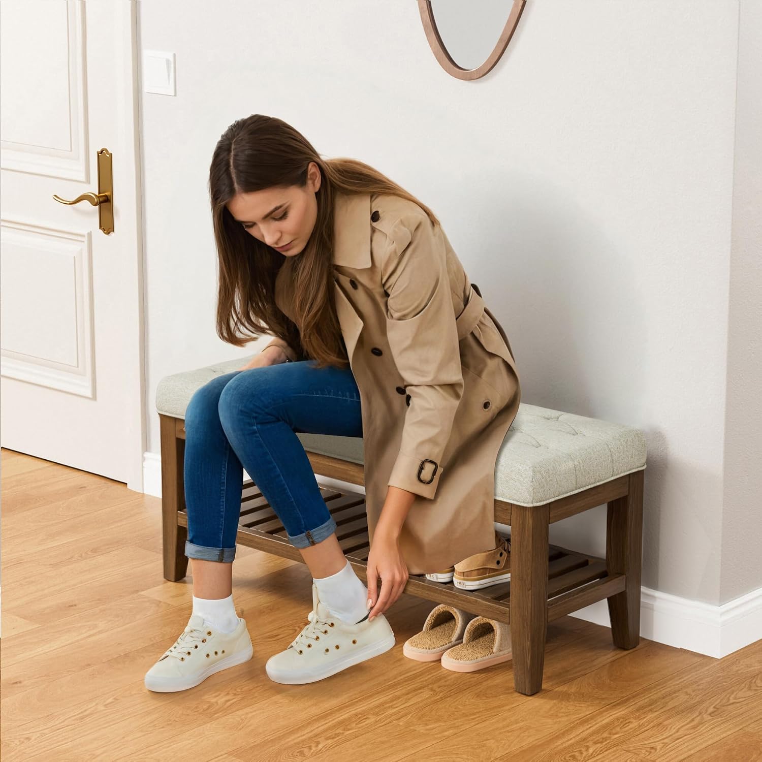 YaFiti End of Bed Storage Bench, 42.9" Entryway Shoe Bench with Solid Wood Shelf, Upholstered Ottoman with Padded Seat for Bedroom, Hallway and Living Room, Beige