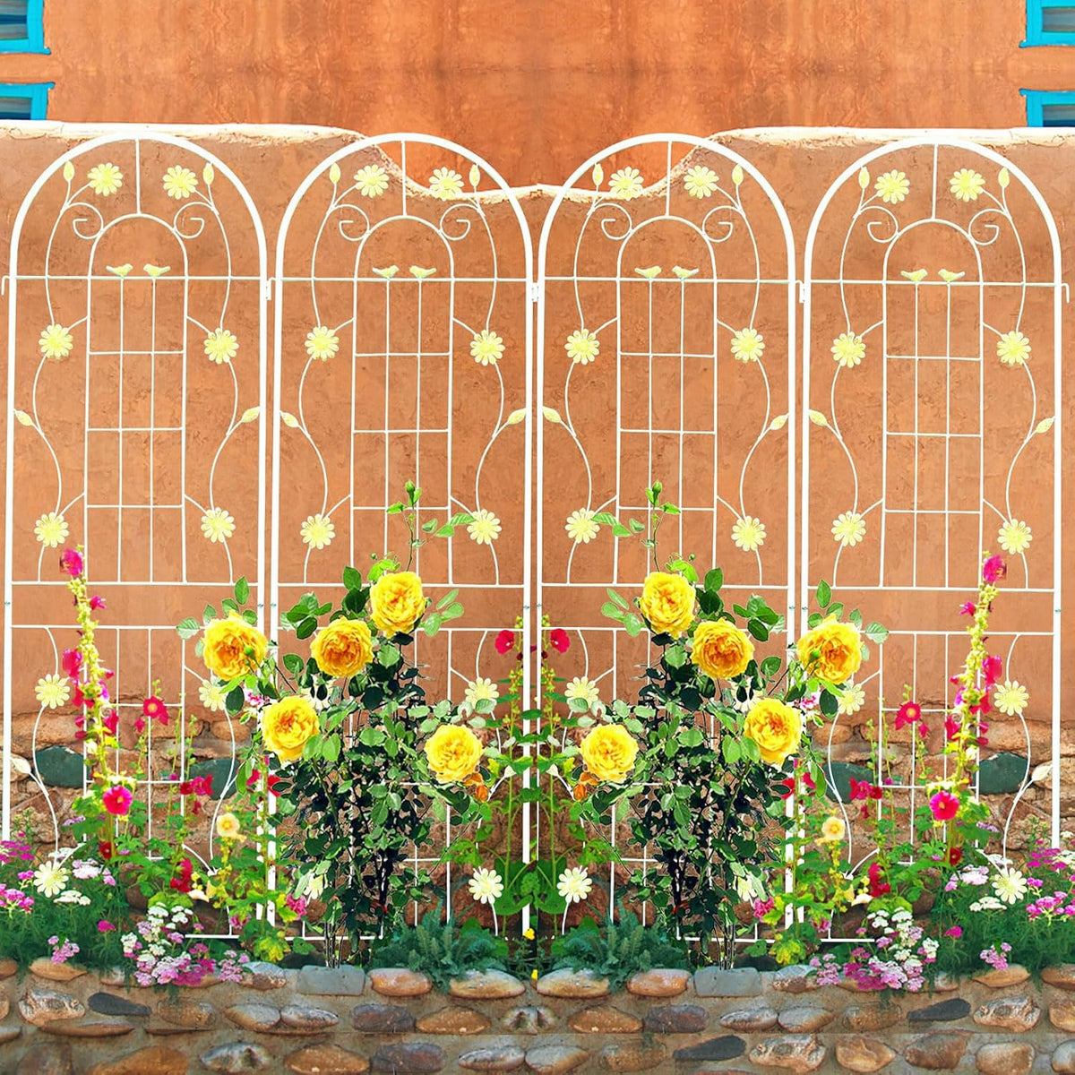 4 Pack Metal Garden Trellis 71" H Cream White Garden Fence Rustproof Trellis for Climbing Plants Support Roses Flower Outdoor Lawn, White 6FT