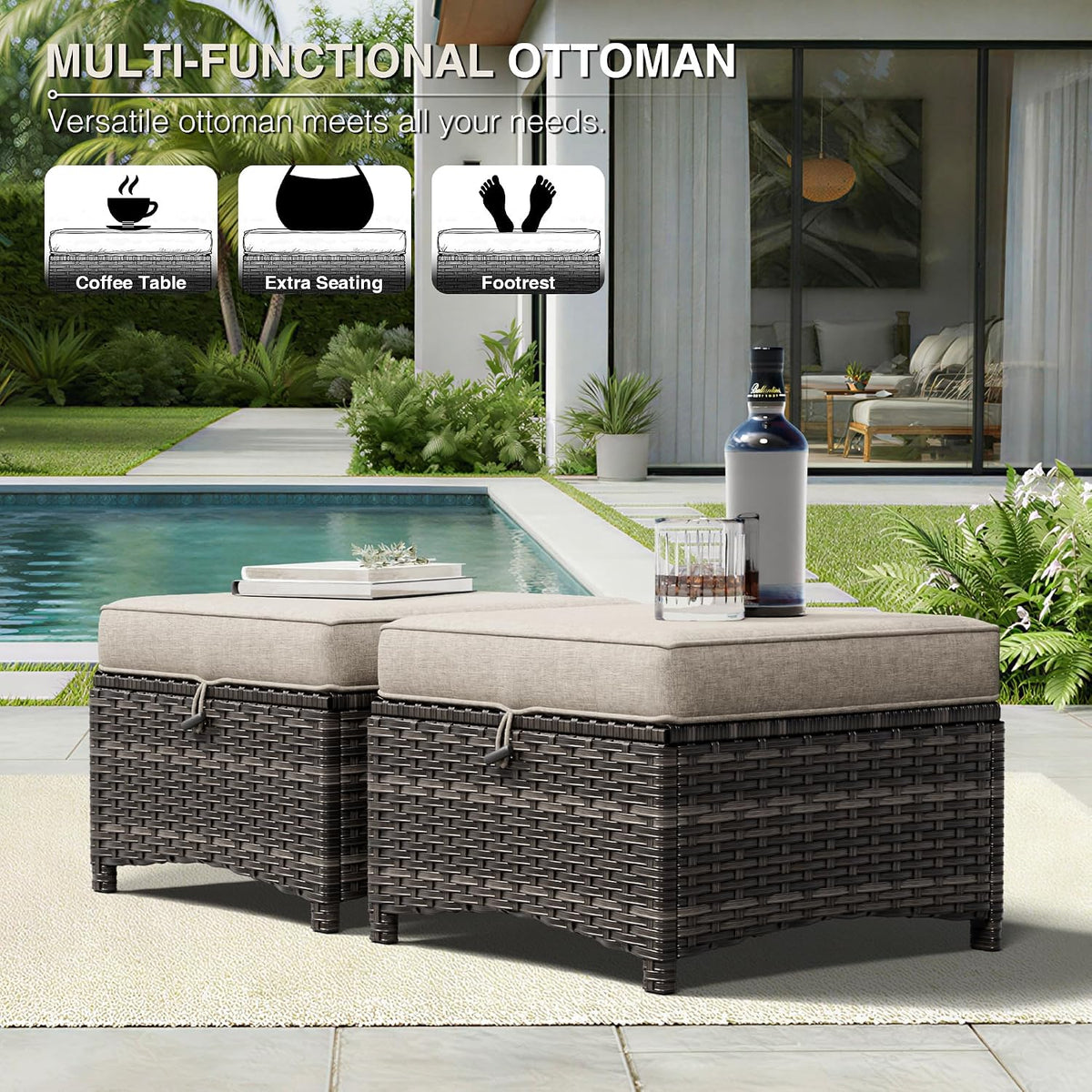 Joyside Outdoor Ottoman Set of 2, Patio Large Ottoman Foot Rest with Thickened Cushions, Outdoor Wicker Foot Stool for Porch, Deck Use