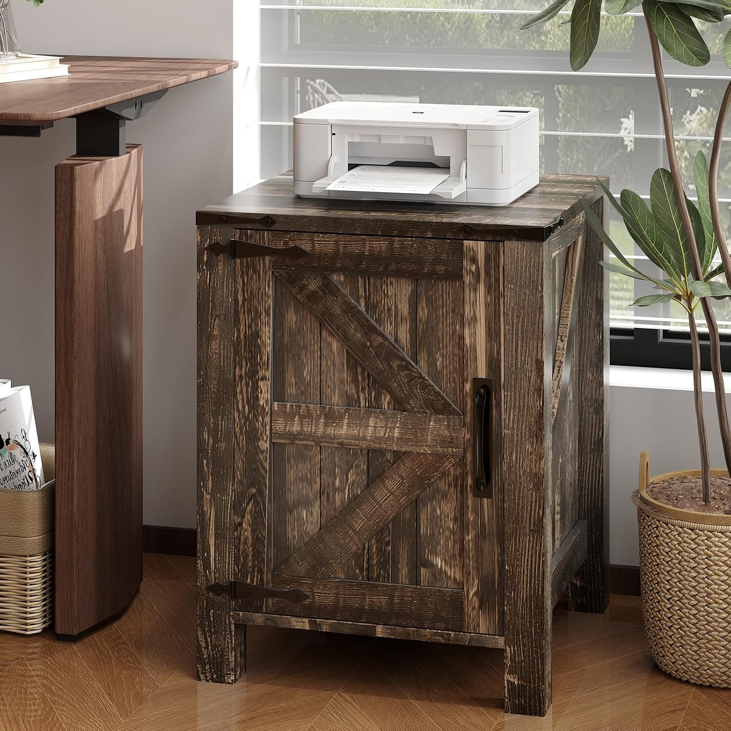 Takywep 18 Inch Nightstand with Charging Station, Farmhouse Wooden Bedside Table with Barn Door and Adjustable Shelf, 2-Tier End Table for Bedroom Living Room, Dark Brown