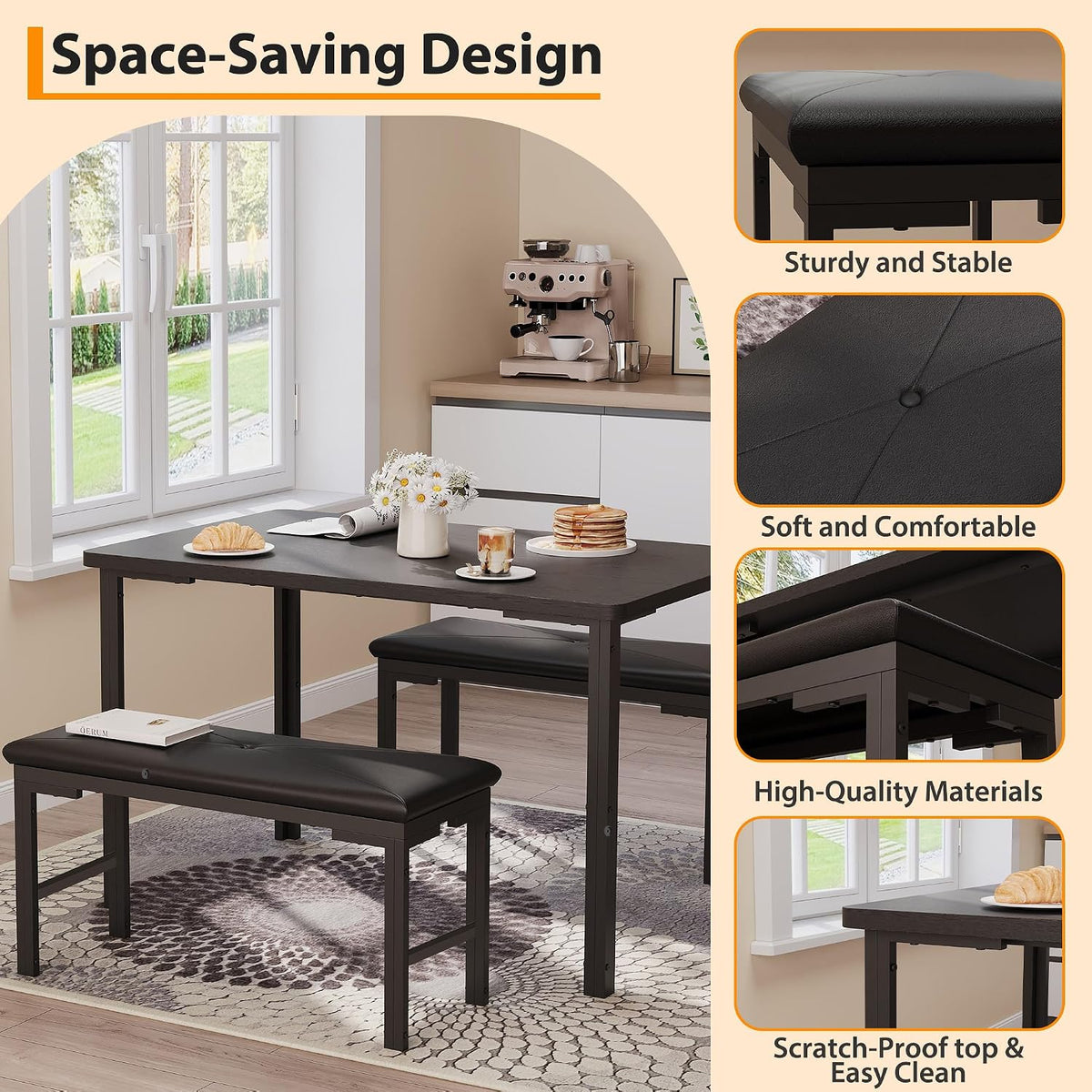 Garvee 3-Piece Dining Table Set, 3-Piece Kitchen Table with 2 Upholstered Benches, Space-Saving Dining Room Set for Breakfast Nook and Small Spaces, Black