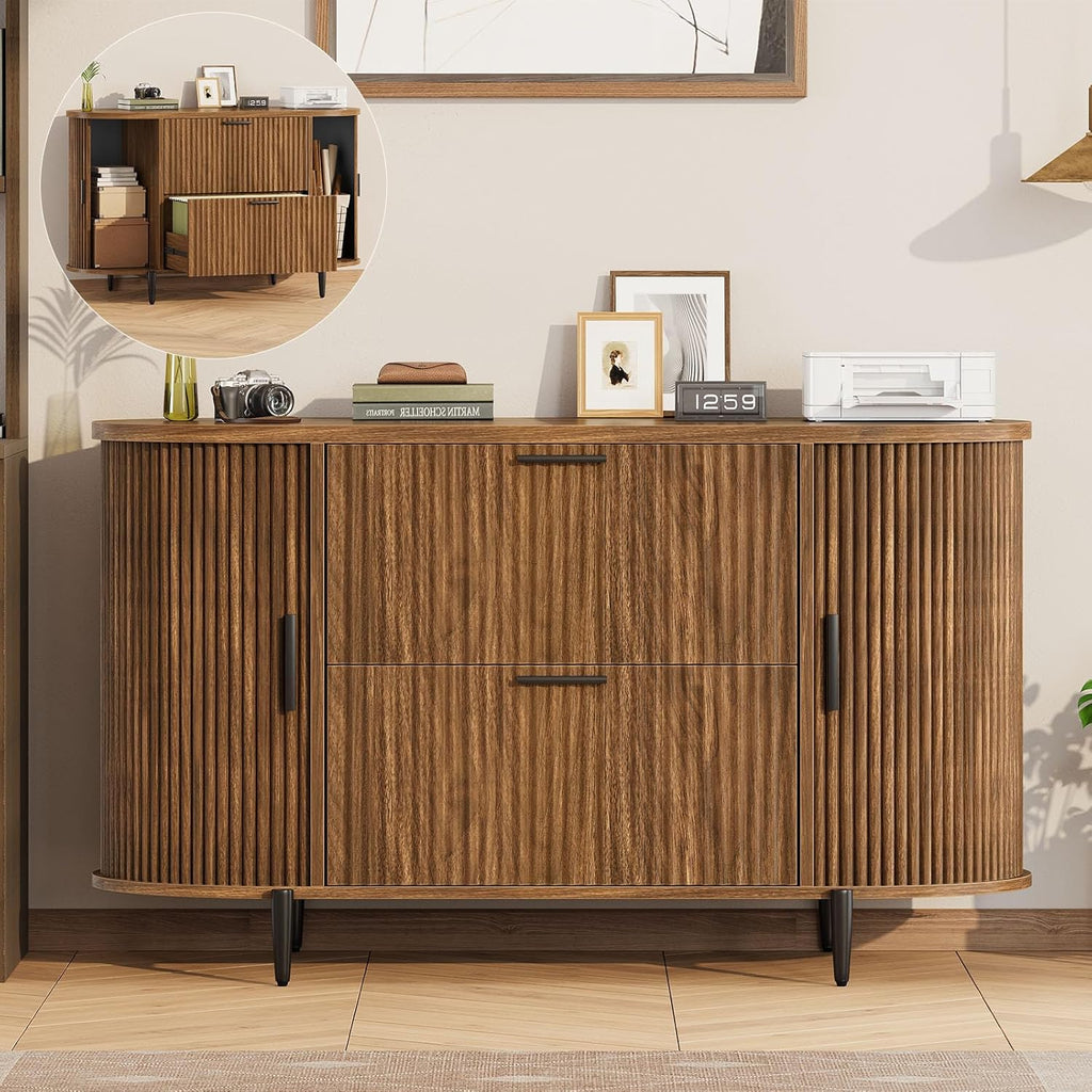 SEDETA Fluted 2 Drawer File Cabinet with 2 Sliding Door for Home Office | 39.4" Filing Cabinet for Home Office,fit Legal/Letter/A4 Siz,Modern File Cabinet with 2 Drawers,Printer Stand,Brown