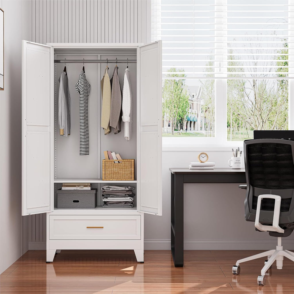 Metal Armoire Wardrobe Closet, Bedroom Armoires with Drawers | 71'' Metal Wardrobe Cabinet with 2 Doors and 2 Adjustable Shelves,Laundry Room Cabinets,Large Wardrobe Closet