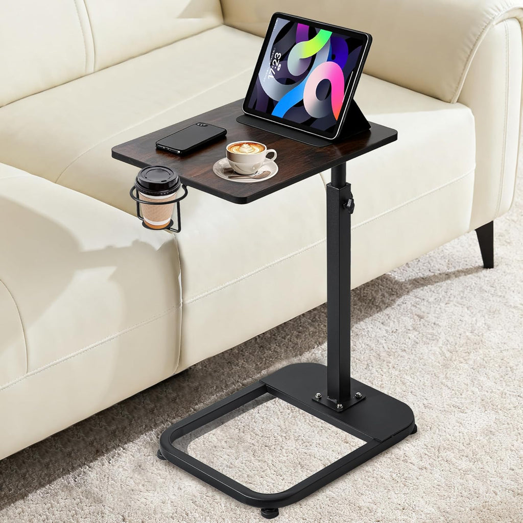 facka Adjustable TV Tray Table with Rounded Metal Corners, C-Shaped Snack Table for Couch, Sofa, Bed or Chair, Small Space Side Table for Eating, Dinner, or Laptop Use