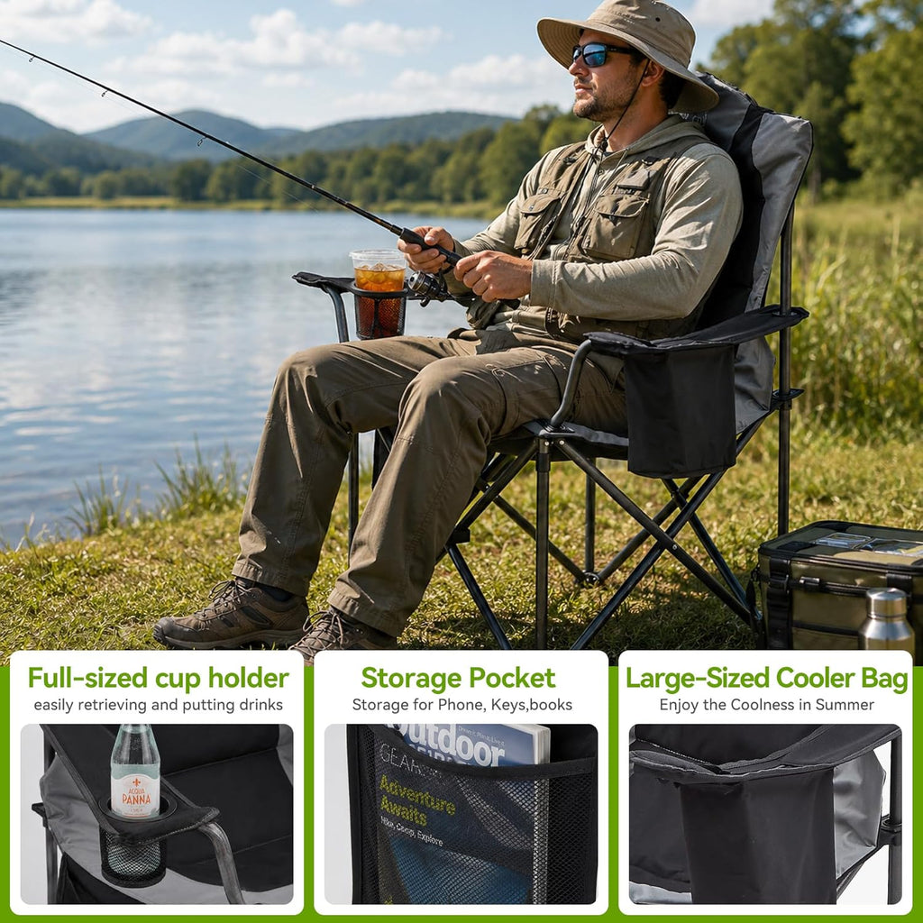 Aohanoi Camping Chairs for Heavy People,Folding Lawn Chairs for Outside Heavy Duty,Outdoor Oversized Chairs for Adult with Cup Holder and Large Cooler Bag,Beach Camp Chairs Supports up to 500lbs