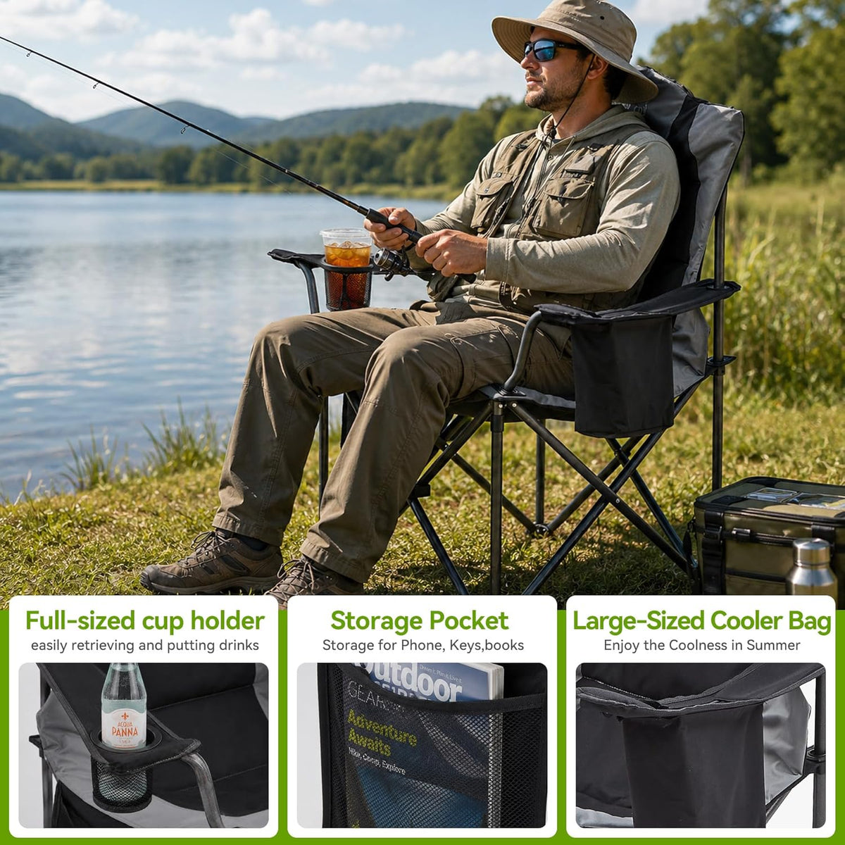 Aohanoi Camping Chairs for Heavy People,Folding Lawn Chairs for Outside Heavy Duty,Outdoor Oversized Chairs for Adult with Cup Holder and Large Cooler Bag,Beach Camp Chairs Supports up to 500lbs