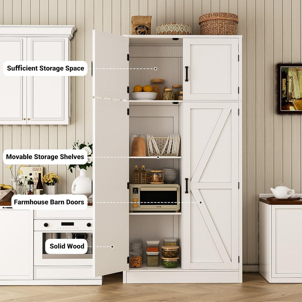 Unikito 71” Tall Kitchen Pantry Storage Cabinet with Adjustable Shelves | Large Farmhouse Storage Cupboard, Barn Doors, Sturdy and Deep, Versatile for Dinning Room, Bathroom, Living Room, White