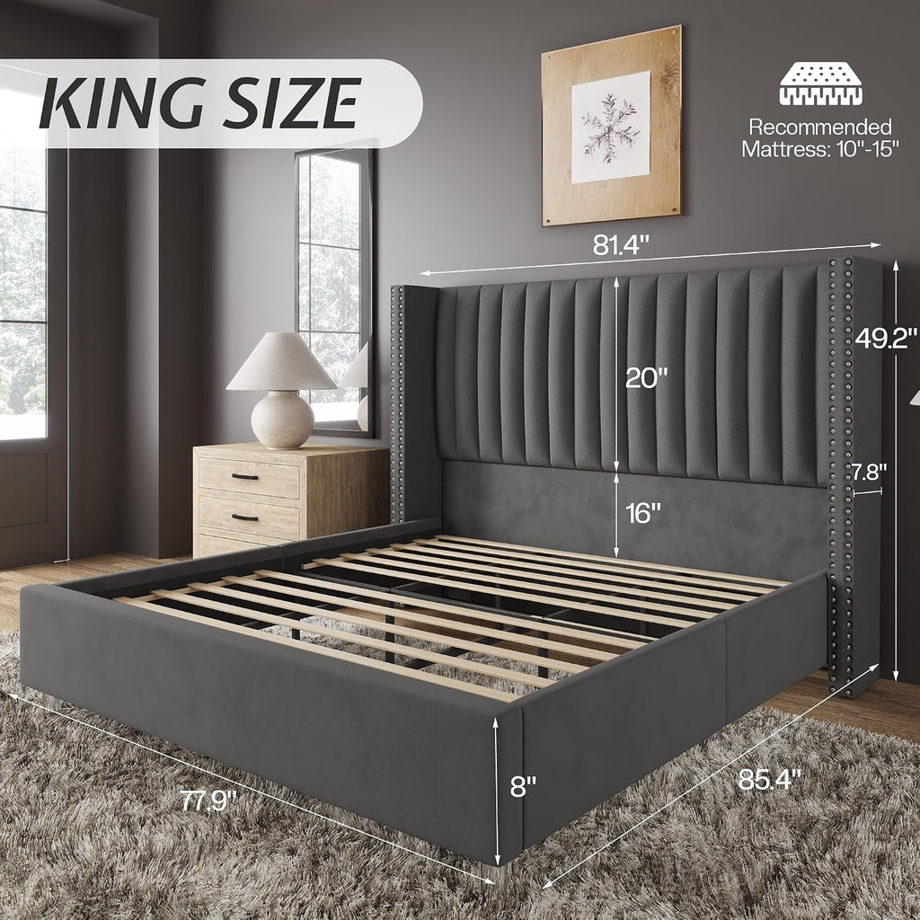 Jocisland King Size Bed Frame Velvet Upholstered Wingback Headboard, Grey