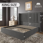 Jocisland King Size Bed Frame Velvet Upholstered Wingback Headboard, Grey