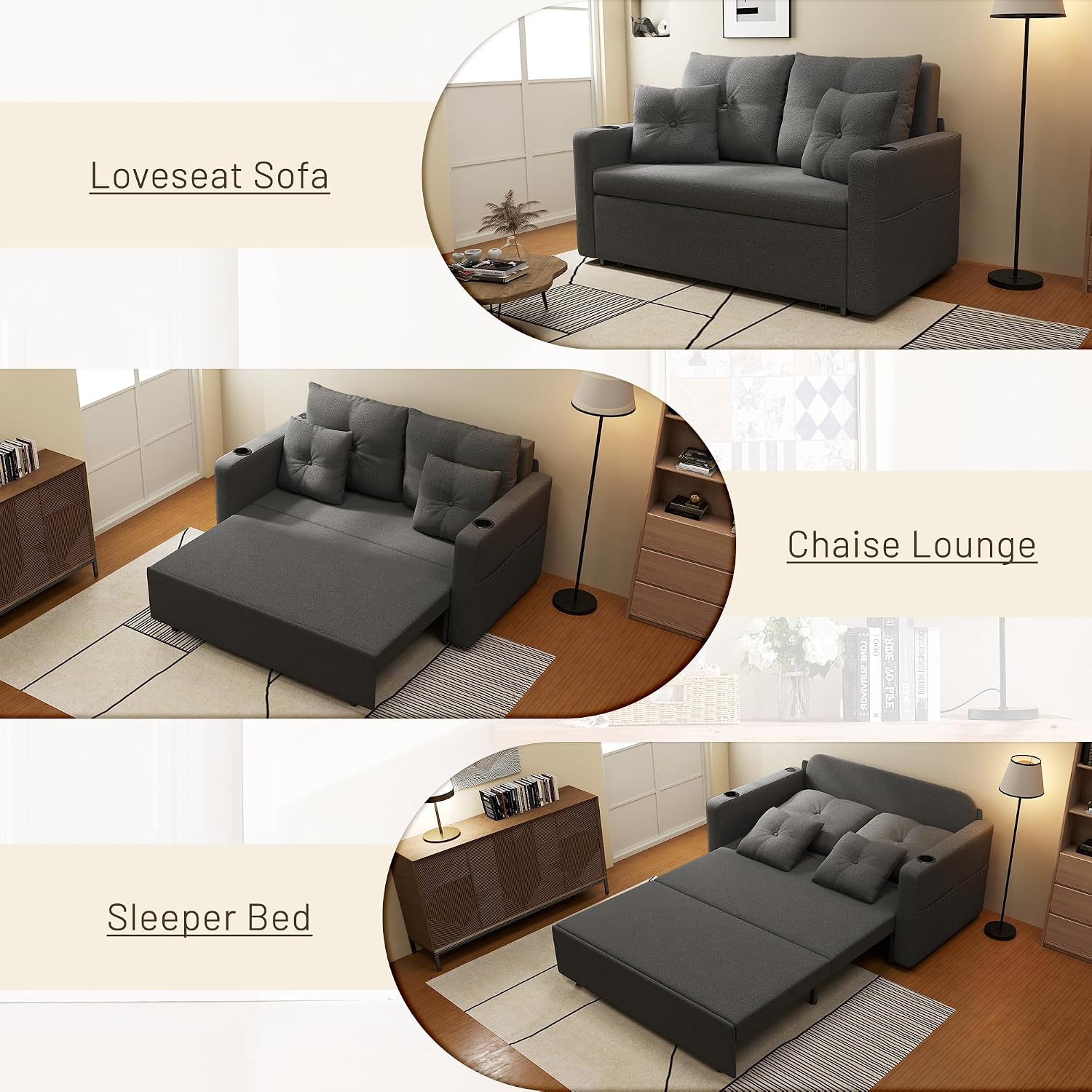 Krcix 3 in 1 Sofa Bed, 56" Convertible Pull Out Couch, Loveseat Sleeper | Multi-Function Couch Bed for Living Room, Small Space-Saving, Sleeper Couches with Storage Pocket, Cup Holder, Charcoal Grey