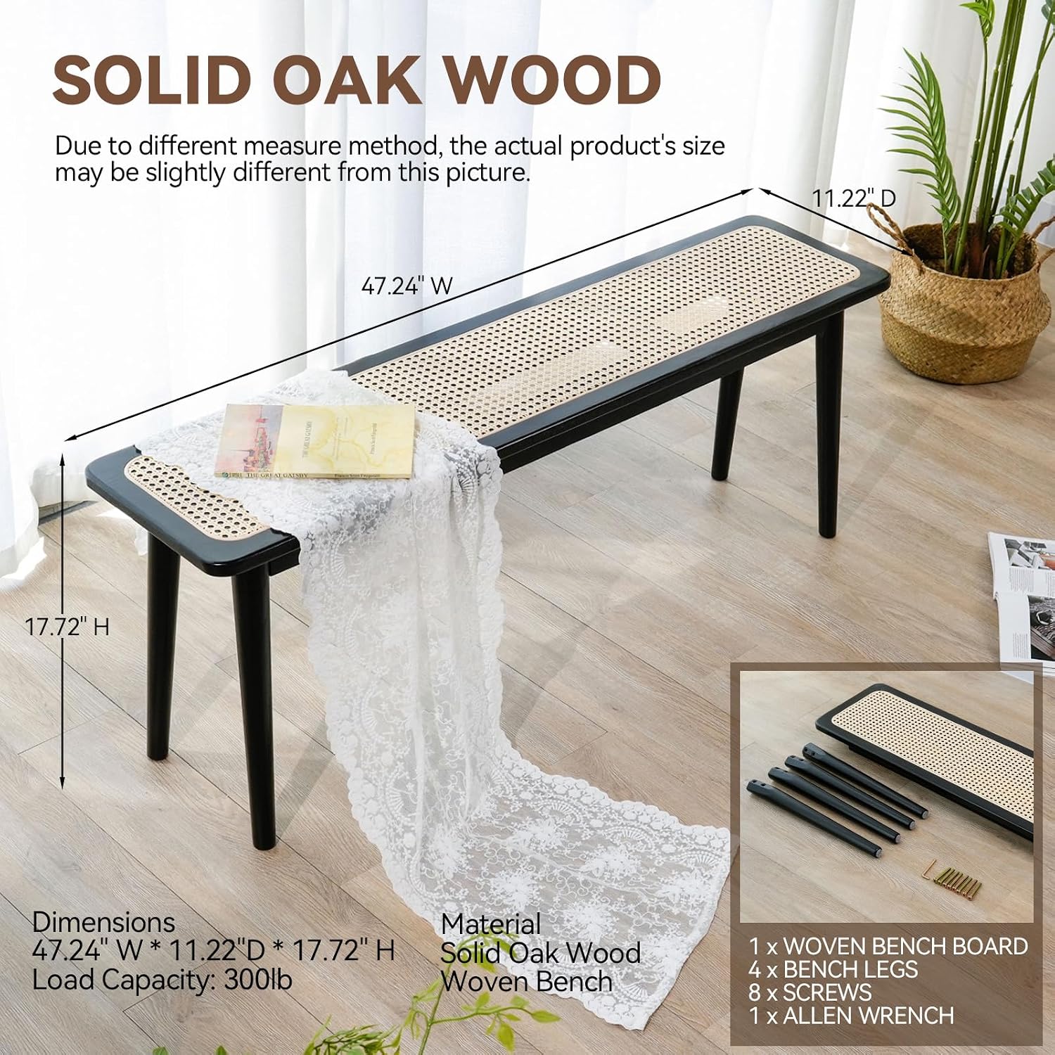 Entryway Bench, Solid Wood Kitchen Dining Bench, Mid Century Modern End of Bed Bench with Rattan Woven Top for Bedroom, Dining Room, Entry Way, 47.2" L x 11.2" W x 17.7" H, Black