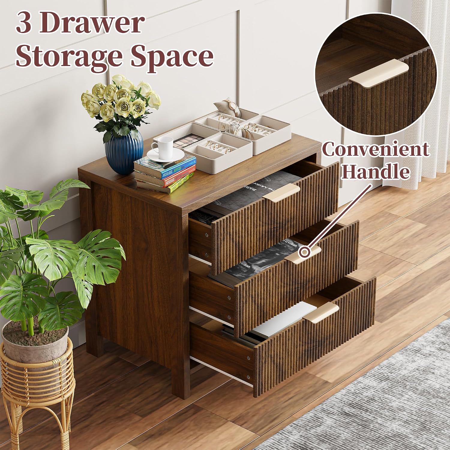Fluted Nightstands Set of 2, 23.7'' Wide Night Stand with 3 Drawers, Mid-Century Modern Bedside Table with Handles, Wood End Table for Bedroom, Walnut
