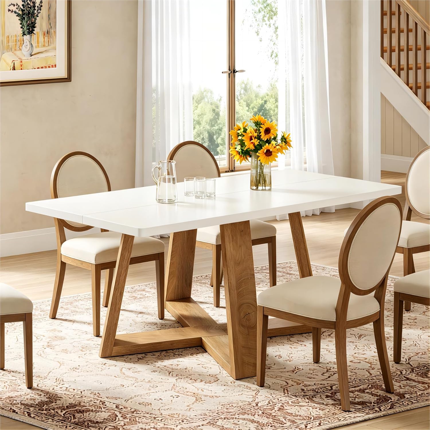 Tribesigns Dining Table for 4, 47.3 Inch Rectangular Farmhouse Kitchen Table with Gloss White Tabletop & Natural Wood Legs, Perfect for Kitchen, Dining Room, Living Room, or Apartment