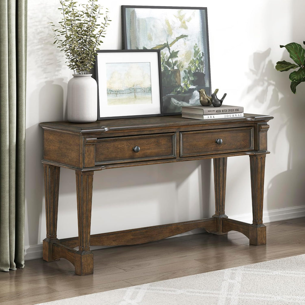 Lexicon Rectangle Wood Sofa Table with 2 Dovetail Drawers, Cherry Veneer Console Table with Antique Bronze Knobs & Sturdy Wood Construction for Elegant Living Room, Entryway, Easy Assembly, Brown