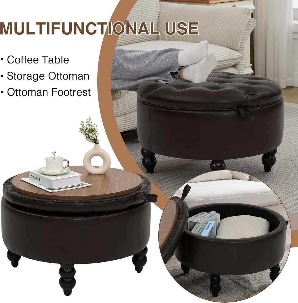 30 Inch PU Leather Round Storage Ottoman with Tray, Modern Upholstered Tufted Coffee Table with Storage, Large Ottoman Footrest Stool for Living Room, Bedroom, Dorm, Dark Brown
