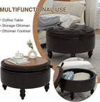 30 Inch PU Leather Round Storage Ottoman with Tray, Modern Upholstered Tufted Coffee Table with Storage, Large Ottoman Footrest Stool for Living Room, Bedroom, Dorm, Dark Brown