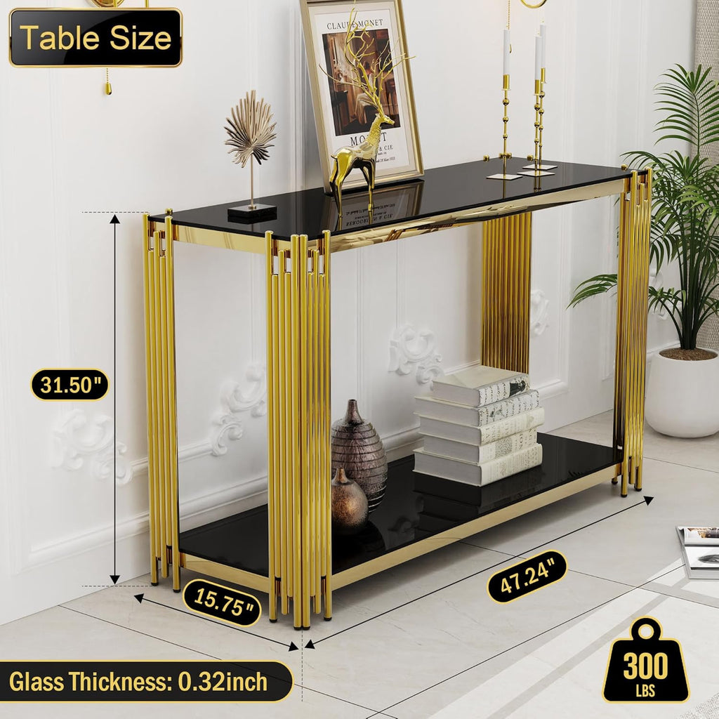 Gold Console Table with Tempered Glass for Entryway Living Room, Modern Luxury Stainless Steel Sofa Side Table Narrow Porch Hallway Tables (Black, 47inch)