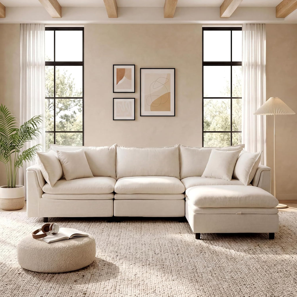 113.4'' Modular Sectional Sofa with Storage Ottoman, Oversized L Shaped Cloud Couch, Modern Comfy Chenille Deep Seat Sleeper Sofa, 4 Seat Convertible Couches for Living Room, Beige