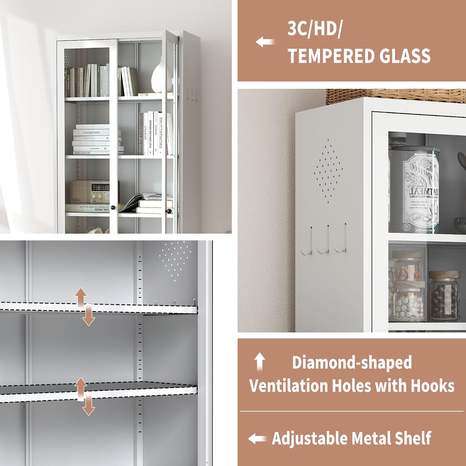 Metal Kitchen Pantry Cabinet, 72" Tall Storage with 5 Adjustable Shelves, White Freestanding Cabinet for Kitchen Pantry Bathroom, 14" Narrow Cabinet with Glass Door