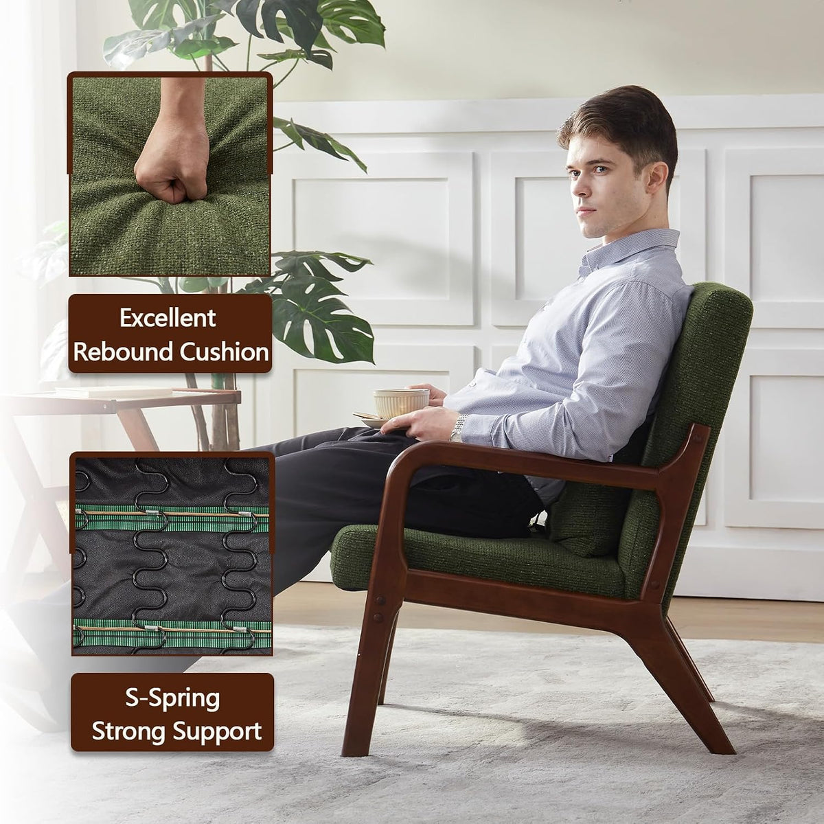 Achicsofar Accent Chair Mid Century Modern Armchair with Lumbar Support Pillow Wood Legs PU Leather Upholstered Lounge Chairs Comfy High Back Cushion for Living Room Bedroom
