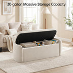 VKNOW 51" Storage Ottoman Bench, Upholstered End of Bed Bench with Smooth Hinges, Oval Large Ottoman Bench for Bedroom, Living Room and Hallway Entryway, Beige