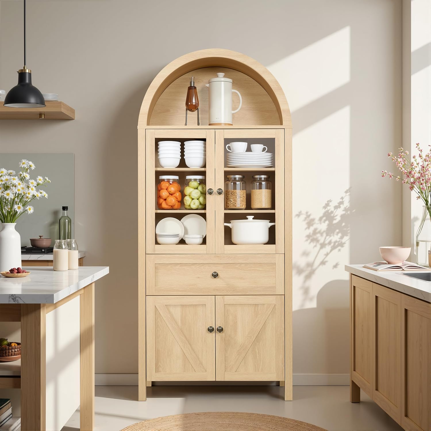 GDFStudio 71'' Arched Kitchen Pantry Cabinet, Wooden Pantry Cabinets for Kitchen Storage, Kitchen Storage Furniture with Adjustable Shelves, Multi-Functional Bookcase for Living Room, Oak