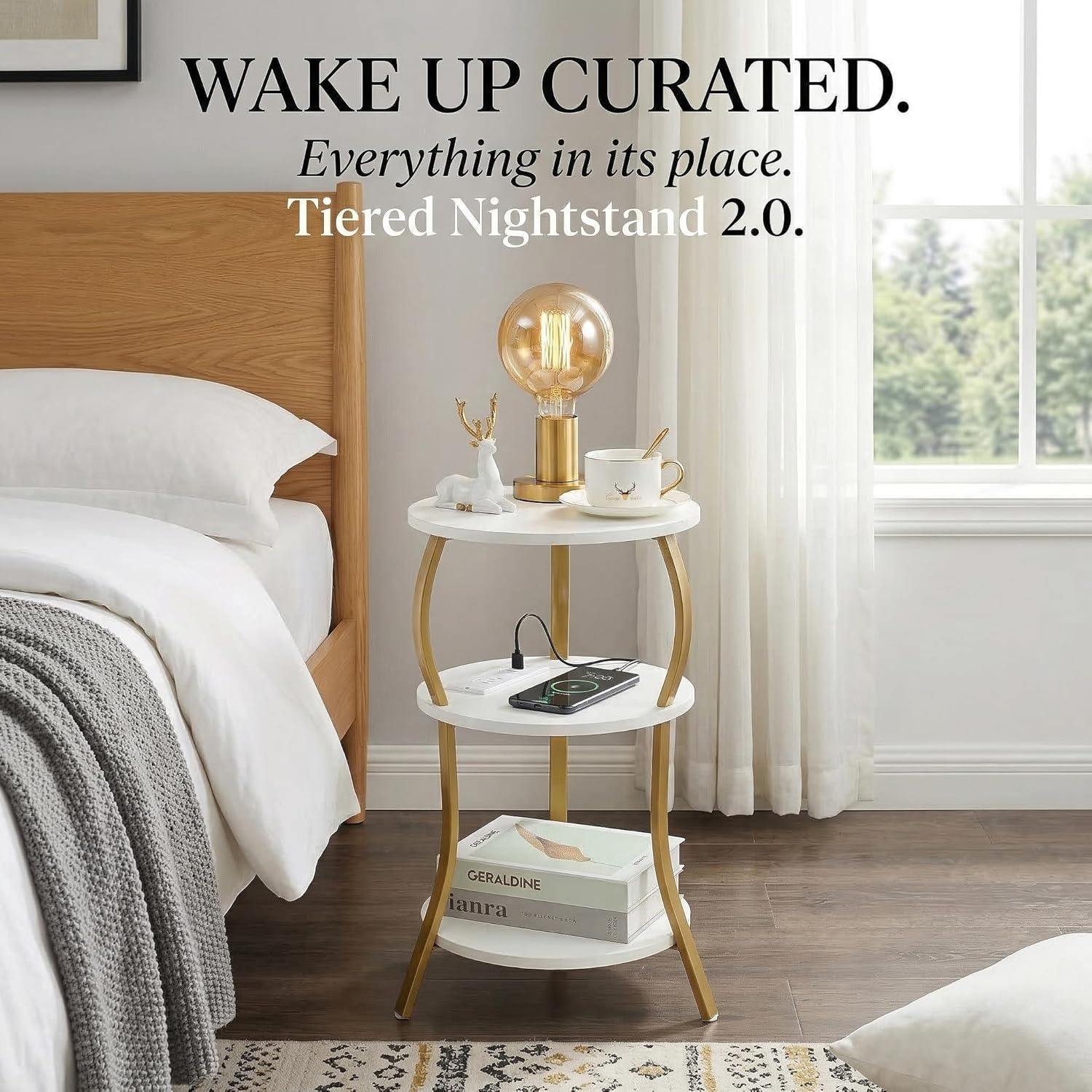 Small Round Side Table with Charging Station, 3-Tier Waist Circular End Table with Storage Shelf, Compact Tea Sofa Side Table Small Spaces, Round Corner Coffee Table for Living Room Bedroon,White+Gold