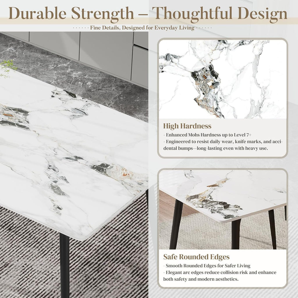 63" Sintered Stone Dining Table, Modern Rectangular Kitchen Table with Carbon Steel Legs for 4-6 Seat, Scratch Heat and Stain Resistant for Dining Room/Restaurant (White w/Black Gold Vein)