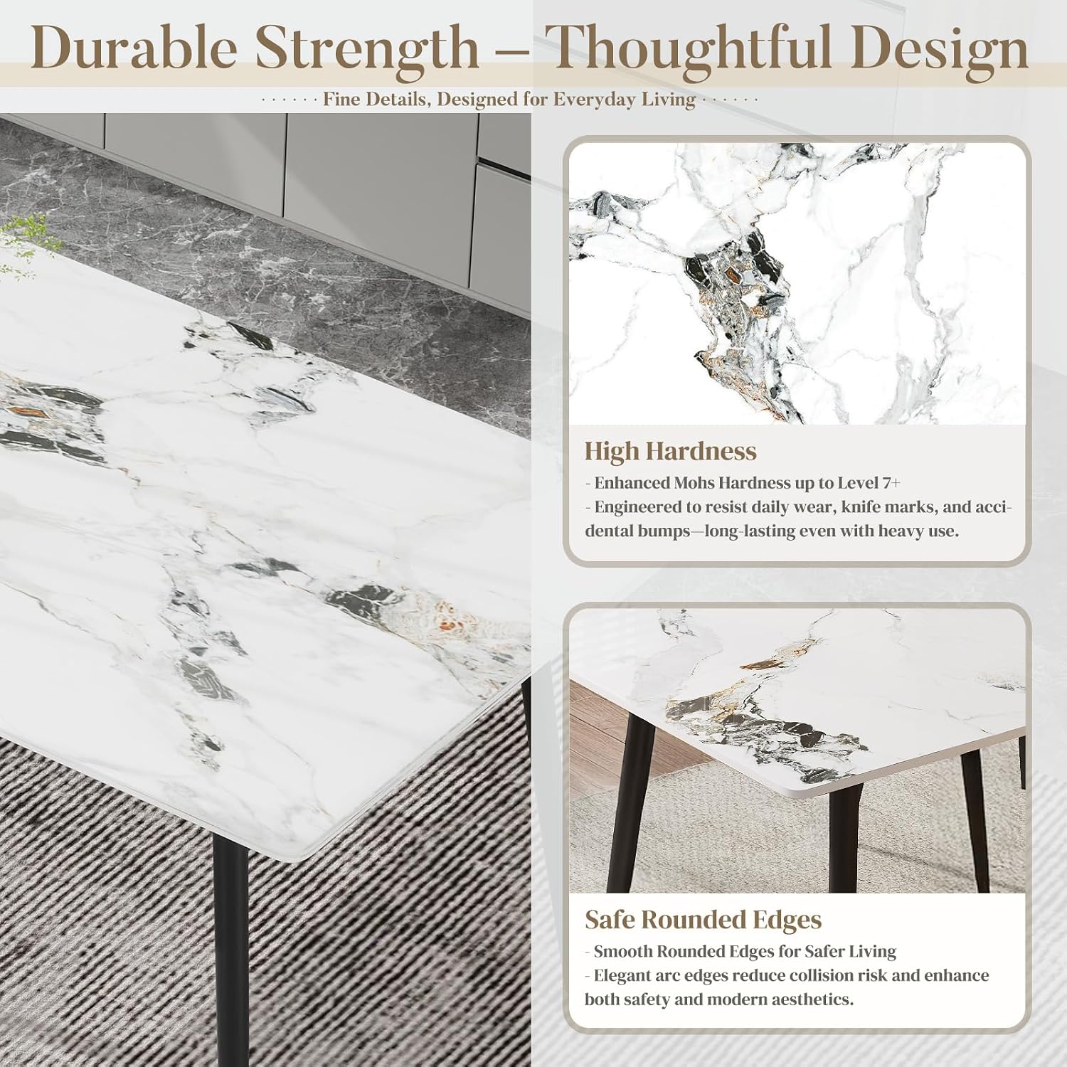 63" Sintered Stone Dining Table, Modern Rectangular Kitchen Table with Carbon Steel Legs for 4-6 Seat, Scratch Heat and Stain Resistant for Dining Room/Restaurant (White w/Black Gold Vein)