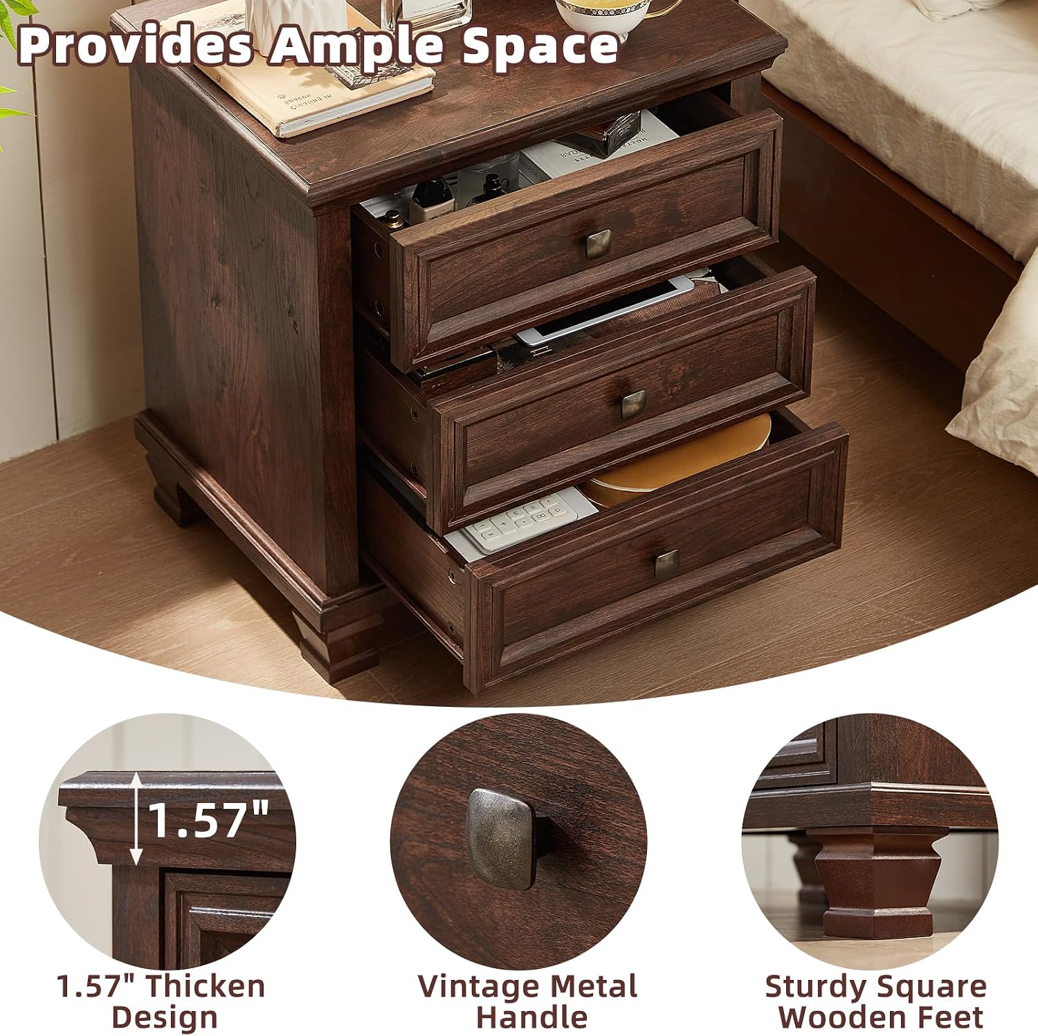 SAVOR LIFE 3-Drawer Nightstand Set of 2 with Solid Wood Legs,Walnut | Pair of three-drawer bedside tables with sturdy square wood legs for matching bedroom storage or living-room end tables