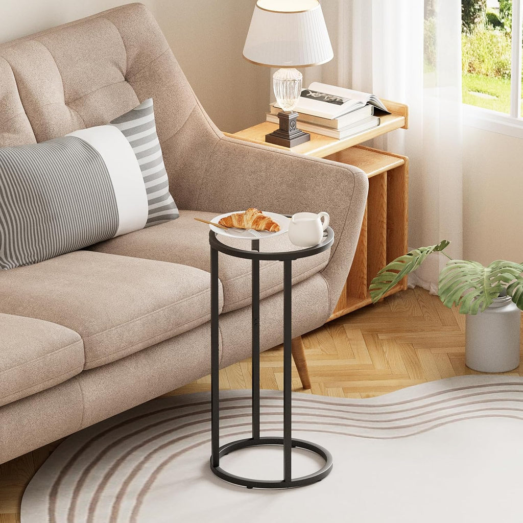 Easy Paws Round Side Table,Glass C Shaped Table,Couch End Table, Tempered Glass Snack Table with Metal Frame, Sofa Couch Bedside Table,TV Tray Table for Small Space(Black,2pcs)