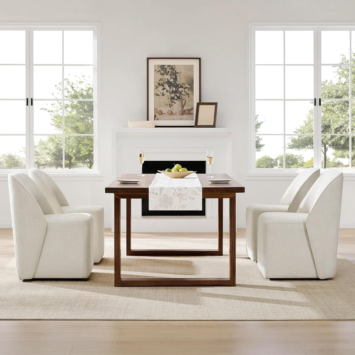 Watson & Whitely Upholstered Dining Chairs with Casters Set of 2, Armless Modern Rolling Dining Chairs with Removable Rollers, Fabric Dining Room Chairs for Bedroom, Living Room, Reading, Linen