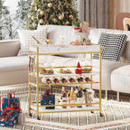 BON AUGURE Gold Bar Cart on Wheels for Home with Wine Rack & Glass Holders | 3-Tier, Rolling Serving Cart for liquor, Wine and Beverages, Lockable Mobile Wheels for Home Bars, Faux Marble+ Gold Frame