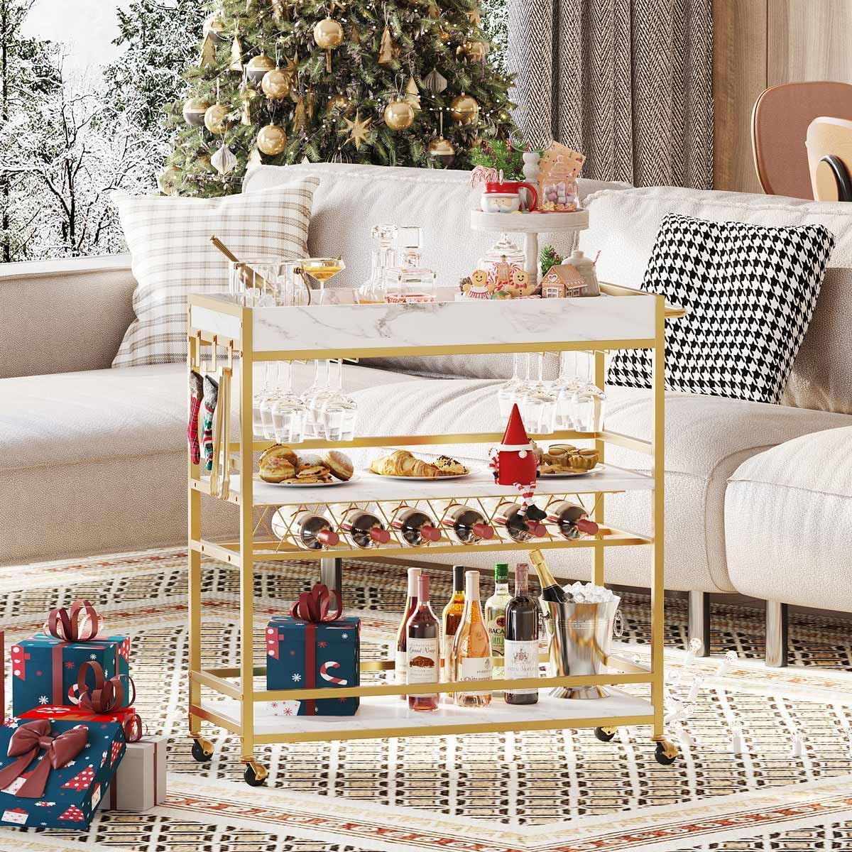 BON AUGURE Gold Bar Cart on Wheels for Home with Wine Rack & Glass Holders | 3-Tier, Rolling Serving Cart for liquor, Wine and Beverages, Lockable Mobile Wheels for Home Bars, Faux Marble+ Gold Frame