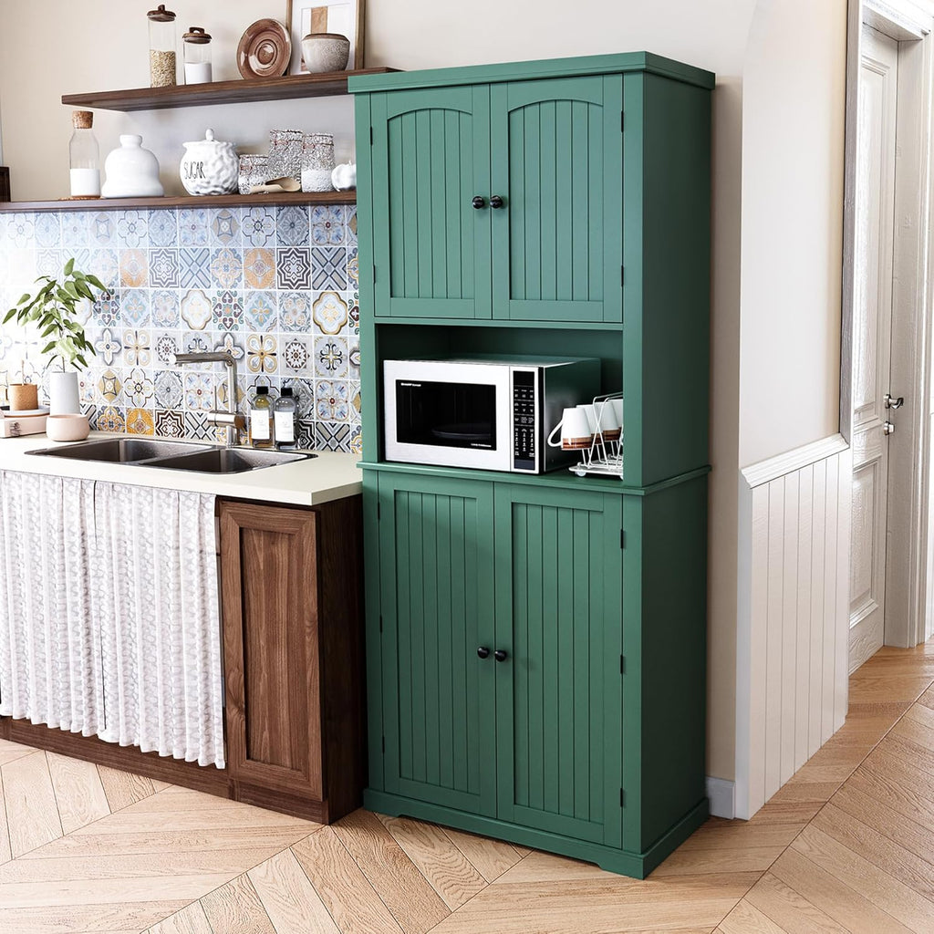 HLR 72" Kitchen Pantry Storage Cabinet with Open Countertop, Freestanding Larder Cupboard with Microwave Stand, Utility Laundry Room Storage Cabinet with Doors and Shelves for Dining Room, Living Room