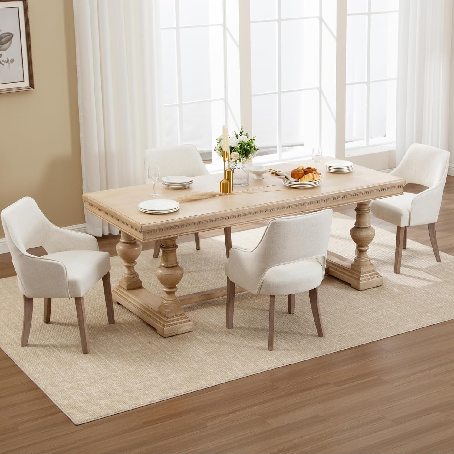 Dining Chairs Set of 2 Linen Upholstered Accent Kitchen Chair with Hollow Back/Padded Seat/Wood Legs for Dining Room Restaurant Home Decor, Beige