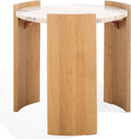 SAFAVIEH Couture Collection - Damarcus Travertine & Solid Wood Accent Table, Round Top, Classic Sculptural Design (SFV9705A)