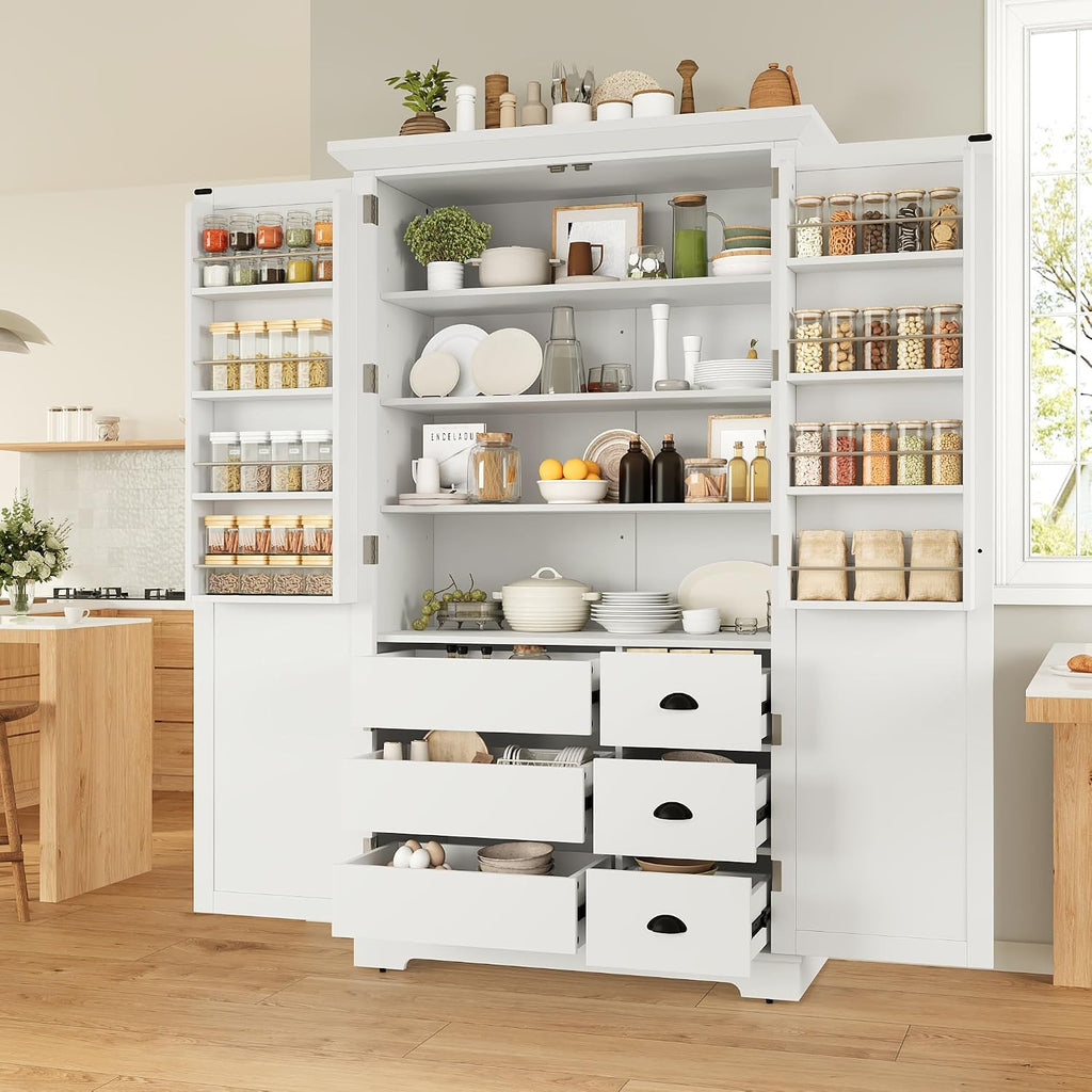 72''H Farmhouse Kitchen Pantry Cabinet, Freestanding Kitchen Pantry with Door Shelves, Adjustable Shelves, and 6 Drawers, Large Cupboard for Dining Room Living Room, White