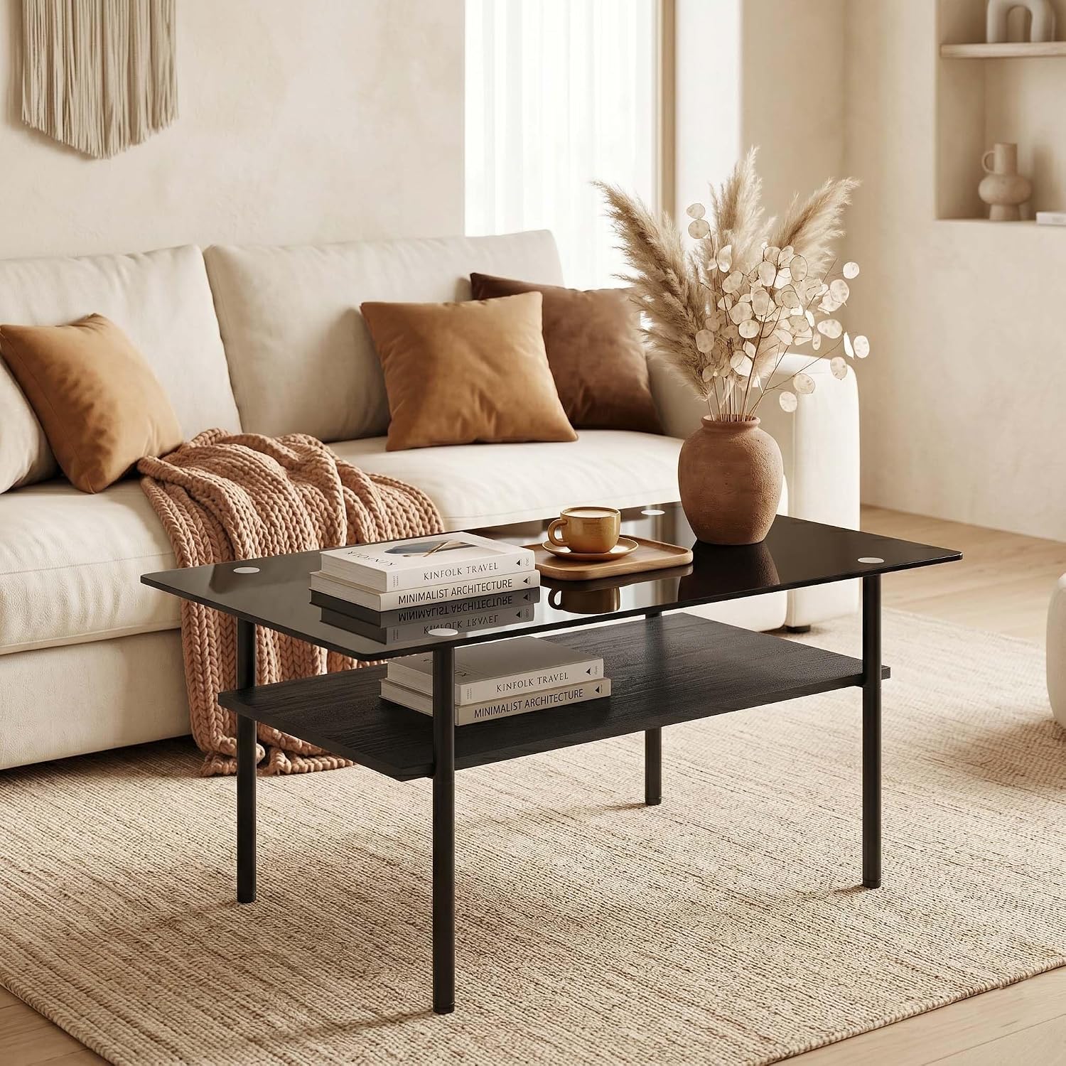 3 Piece Glass Coffee Table Set with 2-Tier Storage, Tempered Glass Living Room Table with Black Metal Legs and MDF Shelf, Modern End Tables for Small Space Apartment (1, Black)